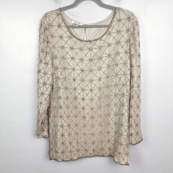 Vintage Cynthia Taylor Silk Beaded Top Womens Large Champagne Grid Pattern FLAW - Picture 2 of 10